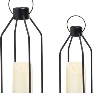 Modern Farmhouse Lantern Decor,16'' 12'' 2 Pcs Metal Candle Lanterns with Flameless Candles Black Decorative Lantern for Front Porch Covered Patio Dining Table Entryway Table Wedding Home Decor